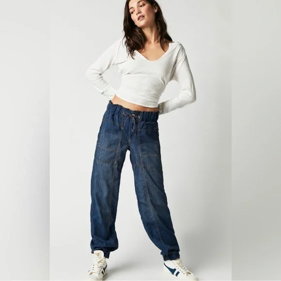 FREE PEOPLE MEDUIM ANGELO TIE WAIST JEANS LOW RISE SLOUCHY CARGO PULL-ON DENIM - Picture 8 of 8